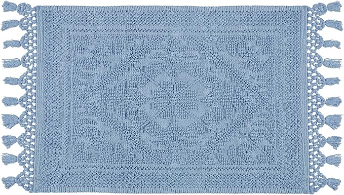 Savi Home Cotton Woven Jacquard Bathroom Rug, Woven Fringe Bathroom Mats, 100% Cotton, Non - Slip Bath Mat, Durable Thick Bath Mat 17”x30” with Fringes, Sky Blue