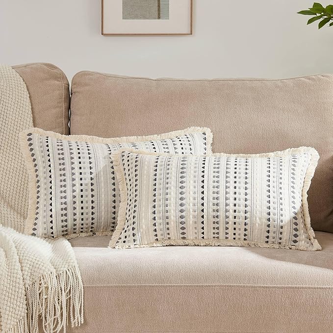 Decorative Pillow Covers Set of 2, Boho Farmhouse Couch Throw Pillows with Tassels, Textured Small Dot Pattern Cushion Cases for Sofa Living Room Home Decor (Grey, 12" x 20" (Pack of 2))