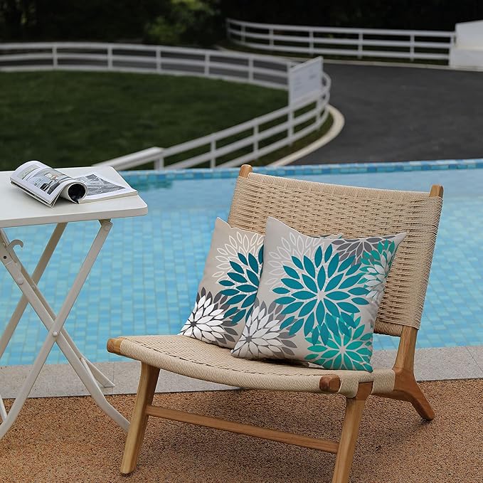 DFXSZ Dark Blue Green Outdoor Pillow Covers 16X16 Inch Set of 2 Spring Teal Flower Pillow Case Outdoor Waterproof Decor for Patio Funiture Garden Polyester pillowcovers 002D16