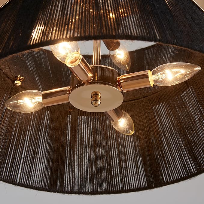 Shrine Lighting Black Boho Chandelier, Modern Design, Boho Drum Pendnat Light for Dining Room, D18'' x H12'', Adjustable 47'', E12*8 Sockets, Black Rope Lampshade&French Gold Finish Frame