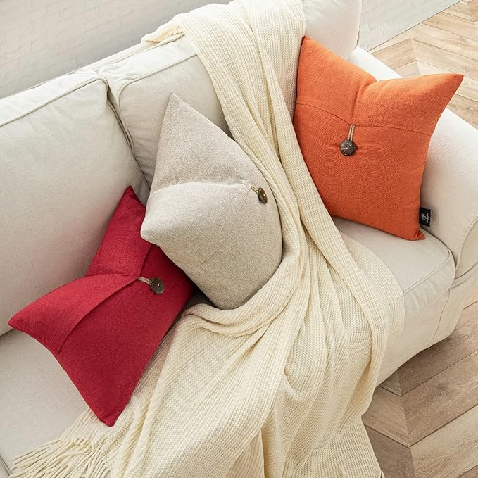 Phantoscope Pack of 2 Farmhouse Throw Pillow Covers Premium Coconut Button Vintage Linen Solid Decorative Pillow Cover for Couch Bed and Chair Red 18 x 18 inches 45 x 45 cm