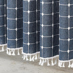 MitoVilla Navy Blue 72 x 78 Farmhouse Shower Curtain, Boho 78 inch Long Polyester Linen Tassel Fabric Shower Curtain Set for Chic Cottagecore French Rustic Bathroom Decor