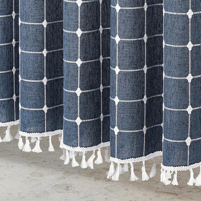 MitoVilla Navy Blue 72 x 78 Farmhouse Shower Curtain, Boho 78 inch Long Polyester Linen Tassel Fabric Shower Curtain Set for Chic Cottagecore French Rustic Bathroom Decor