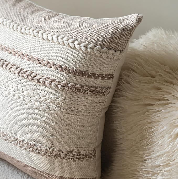 Boho Throw Pillow Covers 18x18 Inch Set of 2, Khaki Textured Decorative Couch Pillow Cases for Farmhouse Home Decor, Accent Cushion Cover for Sofa, Bed, Living Room, Bedroom