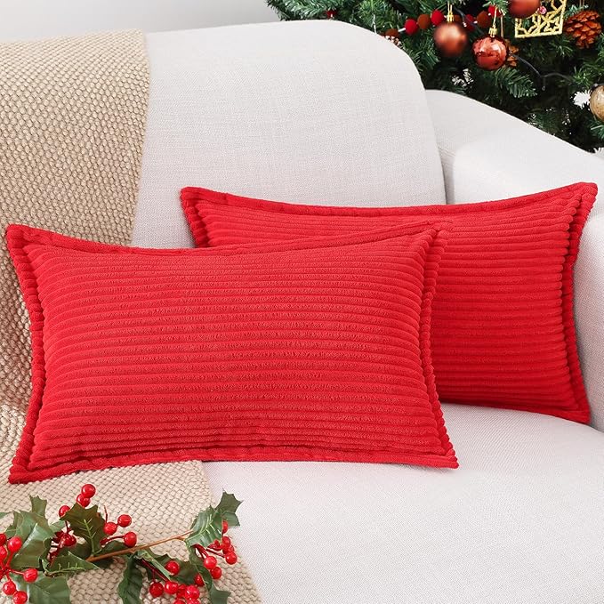 Mecatny Christmas Corduroy Throw Pillow Covers 12x20 Set of 2, Neutral Decorative Soft Boho Lumbar Couch Pillow Covers with Broadside for Sofa Living Room, Red