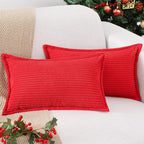 Mecatny Christmas Corduroy Throw Pillow Covers 12x20 Set of 2, Neutral Decorative Soft Boho Lumbar Couch Pillow Covers with Broadside for Sofa Living Room, Red