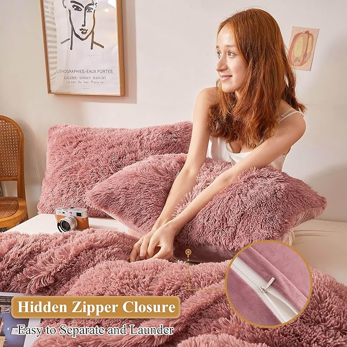XeGe Cozy Faux Fur Dusty Pink Throw Pillow Covers, Zippered Fluffy Cushion Covers, Shaggy Fuzzy Decorative Plush Furry Pillowcases Pack of 2 for Sofa Couch Home Decor (18''x18'', Dusty Pink)