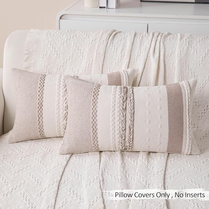 Boho Lumbar Pillow Covers Set of 2-12x20 Inch Khaki Accent Striped Decorative Farmhouse Coastal Long Boho Throw Pillows, Neutral Textured Pillowcases for Couch Bed, Sofa Home Decor