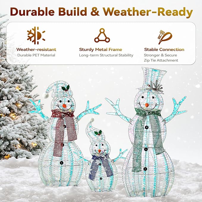 Large Christmas Snowman Family Decorations, 43Inch 3D Pre-Lit Iridescent Snowman with 200 LED Lights & Zip Ties, Indoor Outdoor Holiday Decor for Yard,Porch,Home-Iridescent