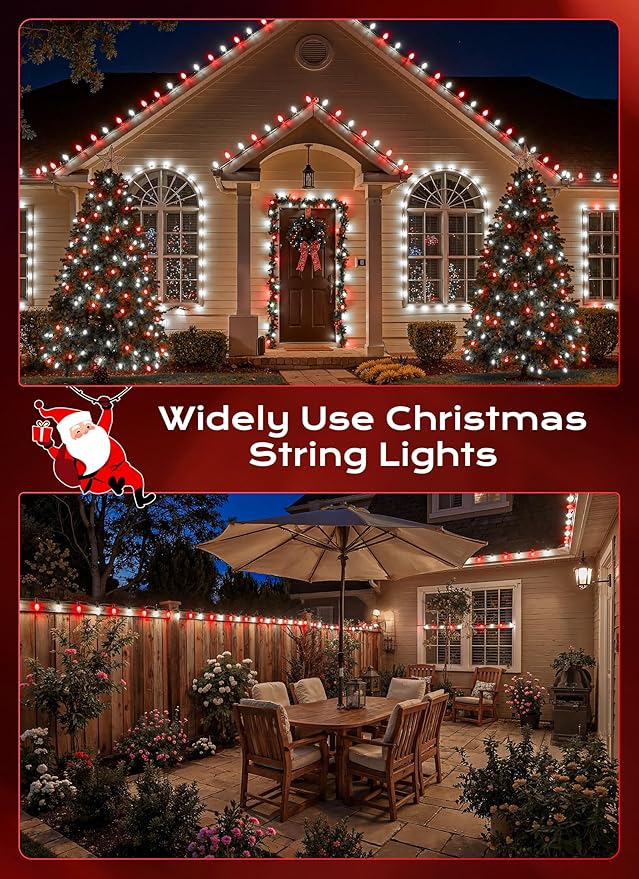 C9 LED Christmas Lights Outdoor, 50 FT 50 Red and Pure White Connectable C9 String Lights for Christmas Tree Patio Roofline Garden Backyard Holiday Party Indoor Outdoor Decoration, Green Wire