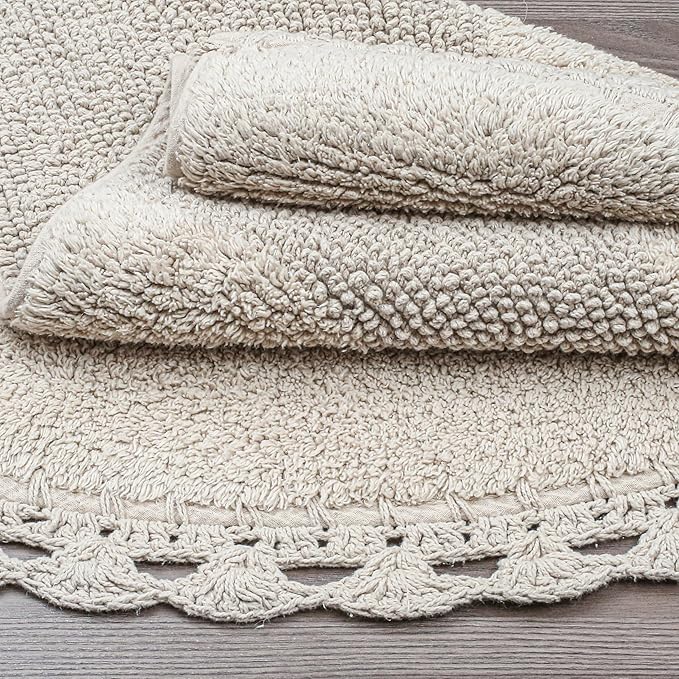 Savi Home Half Circle Bohemian Bathroom Rug with Handwoven Chrochet Border, Beautifully Handcrafted 100% Cotton Mat - 22x42, Round Boho Bedroom Rug, Boho Bathroom Décor, Machine Washable - Linen