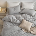 MooMee Striped Duvet Cover Set 100% Washed Cotton Linen Like Textured Breathable Durable Soft Comfy (Light Grey White Wide Stripes, King 104"x90")