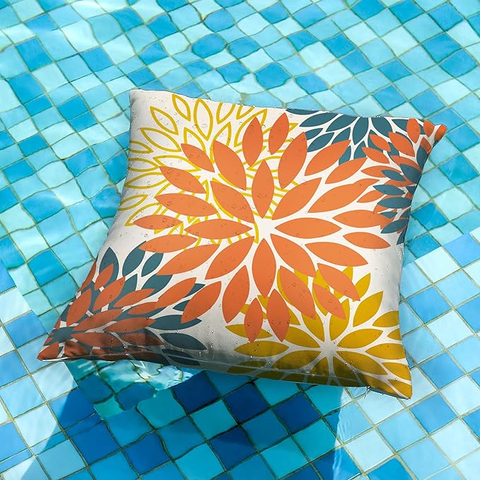 DFXSZ Orange Yellow Flower Pillow Covers 16x16 Inch Set of 2 Fall Throw Pillows Outdoor Waterproof Decor for Living Room Sofa Patio Funiture Garden Floral Polyester Pillow Covers 012E16