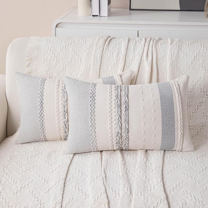 Boho Lumbar Pillow Covers Set of 2-12x20 Inch Decorative Farmhouse Striped Coastal Accent Textured Long Boho Throw Pillows for Couch, Neutral Rectangle Pillowcases for Bed, Home Decor, Grey