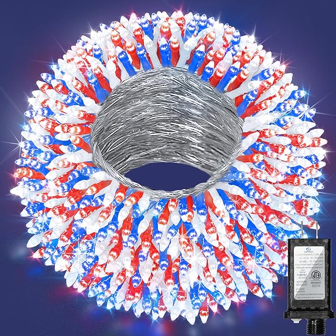 300 LED Outdoor Christmas Lights 75ft, 12 Lighting Modes Indoor String Lights Dimmable & Timer Memory, Outsite Waterproof Tree Lights for Xmas Garden Wedding Party Holiday Decorations Red White & Blue