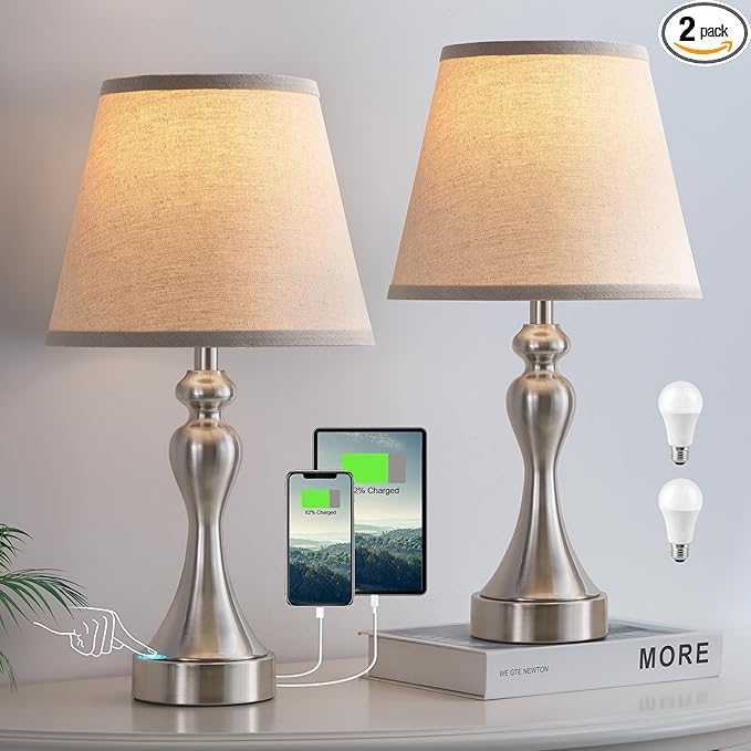 Seealle Touch Lamps for Night Stands - Bedside Lamps Set of 2, 3 Way Dimmable, USB C+A for Bedroom & End Tables (Oat&Nickel)