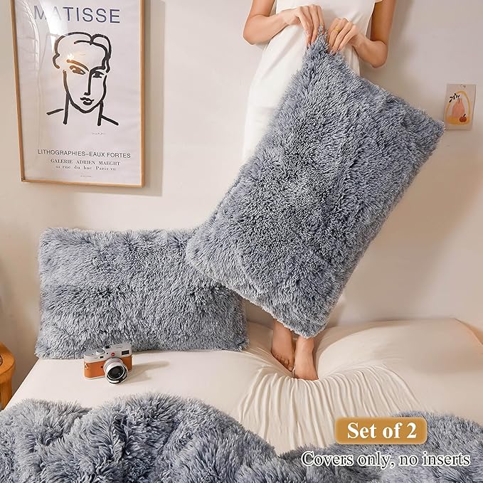 XeGe Faux Fur Throw Pillow Cases, Plush Shaggy Ultra Soft Pillow Covers, Fluffy Crystal Velvet Decorative Pillowcases, Furry Fuzzy Pillow Shams Zipper Closure, Set of 2(Standard, Gray Ombre)