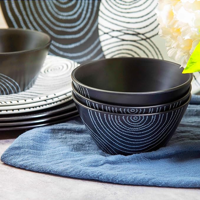bzyoo 12 Piece Melamine Dinnerware Set - Durable, Dishwasher Safe Black Plates and Bowls - Dining, Parties, Camping Dish Set Black Planet Collection