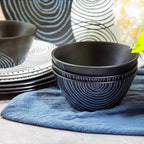bzyoo 12 Piece Melamine Dinnerware Set - Durable, Dishwasher Safe Black Plates and Bowls - Dining, Parties, Camping Dish Set Black Planet Collection