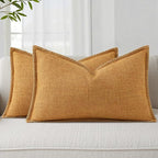 decorUhome Decorative Outdoor Throw Pillow Covers 12x20 Set of 2, Lumbar Linen Rustic Neutral Farmhouse Euro Pillow Covers with Stitched Edge for Couch, Sofa, Living Room, Bronze Gold