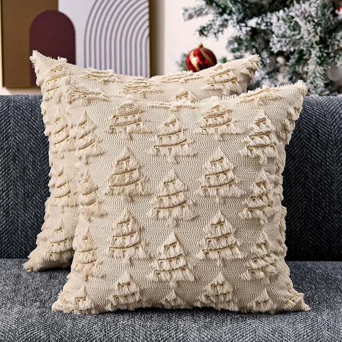 Christmas Pillow Covers 16x16 inch Set of 2 Soft Plush Faux Fur Christmas Decor Beige Xmax Tree Yellow Colored Lights Decoration Throw Pillow Case for Winter Holiday Sofa Living Room PT003C16