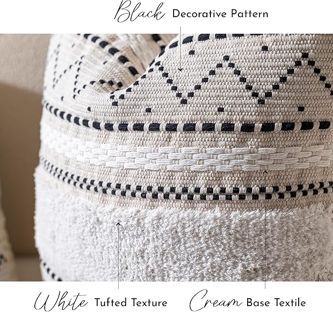 BlissBlush Decorative Throw Pillow Cover 20x20 Square Boho Black Neutral White Accent Pillowcase Tassels Farmhouse Cushion for Couch Sofa Bedroom Living Room Home Décor (Cover ONLY, Pack of 1)