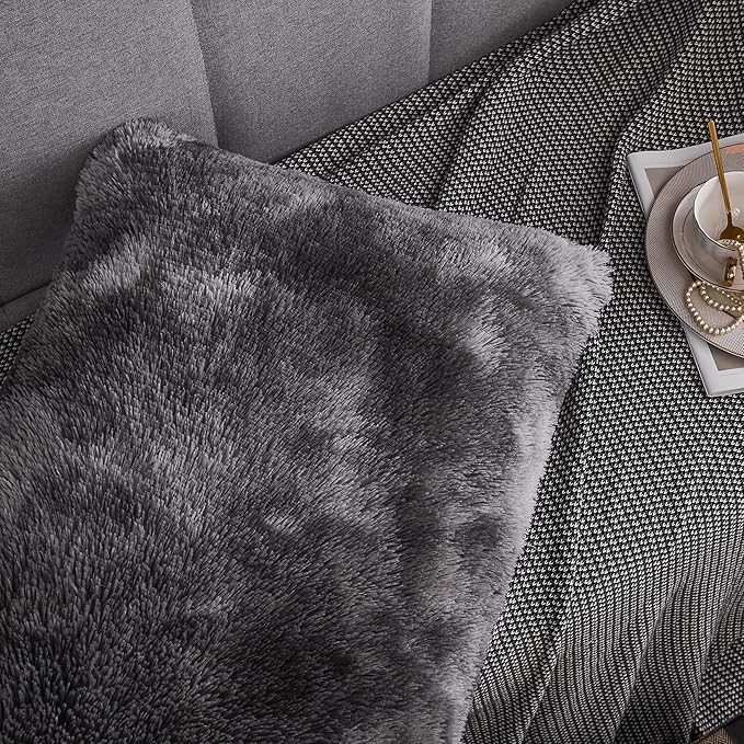WERDIM Shaggy Fluffy Faux Fur Pillowcases 2 Pack Button Closure Velvet Pillow Shams Standard/Queen Size (Tie Dye Dark Grey, 20 X 26 Inches)