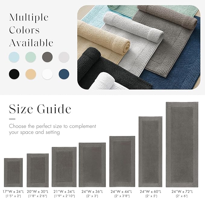 Madison Park Splendor Reversible 100% Cotton Tufted Bathroom Rug-3000 GSM Hotel Quality Luxurious Plush Medium Pile Bath Mat Absorbent, Quick Dry, Shower Room Décor, 24x72, Charcoal