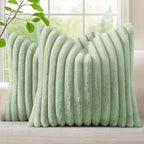 decorUhome Faux Fur Christmas Throw Pillow Covers 20x20 Set of 2, Decorative Soft Plush Striped Neutral Couch Euro Pillow Covers with Velvet Back for Sofa, Bed, Living Room Home Decor, Sage Green