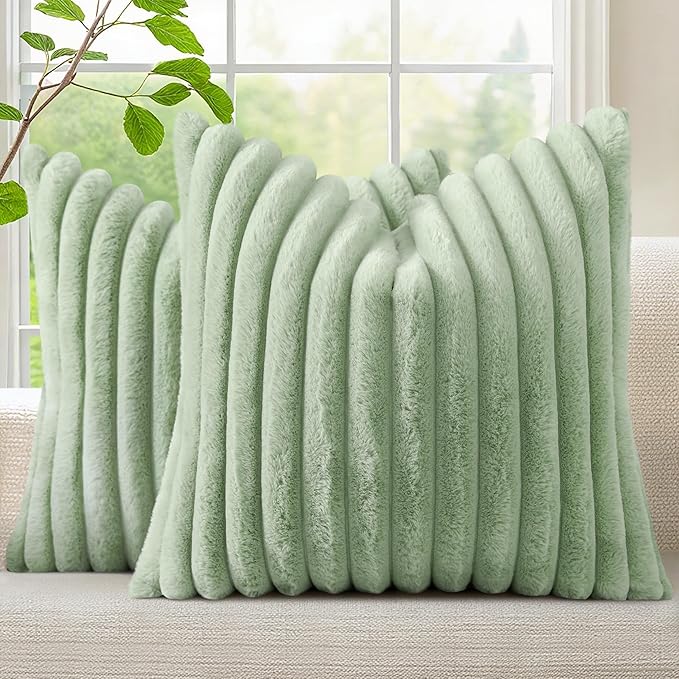 decorUhome Faux Fur Christmas Throw Pillow Covers 20x20 Set of 2, Decorative Soft Plush Striped Neutral Couch Euro Pillow Covers with Velvet Back for Sofa, Bed, Living Room Home Decor, Sage Green