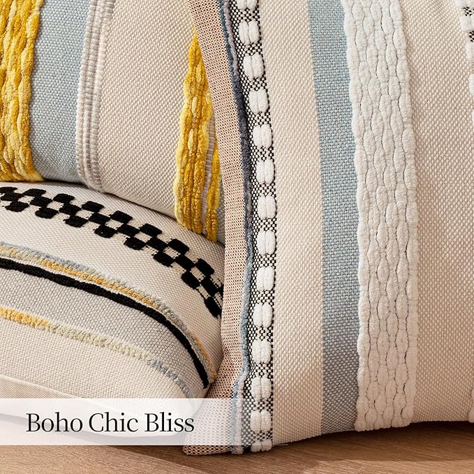 ANRODUO Pack of 2 Boho Decorative Throw Pillow Covers 18x18 Farmhouse Cushion Case Striped Chenille Pillow Cases Square Pillow Covers Accent Neutral Pillowcase for Sofa Couch Bed, Orange-Blue Stripe