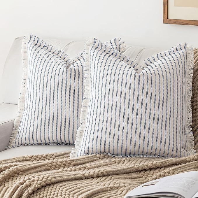 Throw Pillow Covers 16x16 Set of 2 Striped Fringe Pillow Cover Farmhouse Cushion Covers with Tassel Neutral Boho Pillows Decorative Square Pillowcase for Couch Sofa Bed, Blue