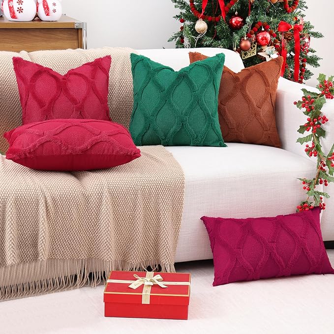 decorUhome Christmas Throw Pillow Covers 16x16 Inch Set of 2, Soft Plush Faux Fur Wool Burgundy Couch Pillow Covers, Decorative Neutral Pillow Cases for Bed Sofa Living Room Home Decor