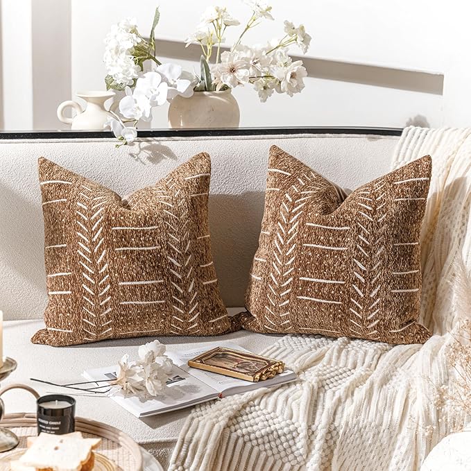 BlissBlush Fall Brown Decorative Throw Pillow Covers 20X20, Set of 2, Boho Farmhouse Cushion Cover, Cozy Soft Accent Pillowcase for Couch Sofa Bed Living Room Home Décor