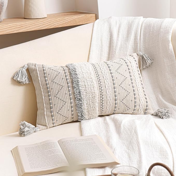 BlissBlush Decorative Lumbar Throw Pillow Cover 12x20 Gray Rectangular Boho Accent Pillowcase Neutral White Farmhouse Cushion for Couch Sofa Bedroom Living Home Décor (Cover ONLY, Pack of 1)