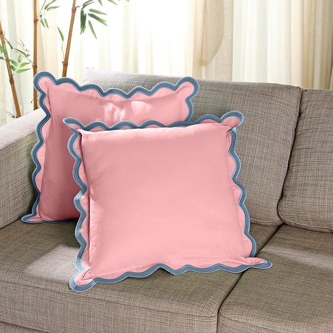 Folkulture Throw Pillows or Couch Pillows for Living Room | Pillow Covers Set of 2 (18x18) Boho Accent Pillows | Decorative Pillows or Scalloped Pillow Cover | Pink Throw Pillows for Home