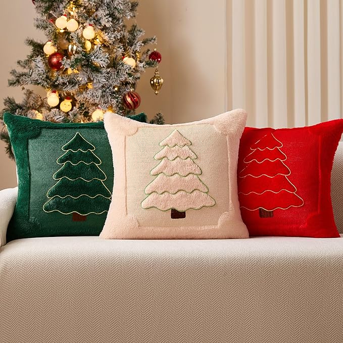 DFXSZ Christmas Pillow Covers 18x18 Yellow Line Red Christmas Tree Decoration Soft Plush Faux Fur Jacquard Throw Pillows for Bedroom Sofa Holiday Festivals Winter Home Decor PTK062B18