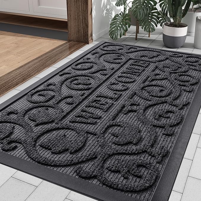 Smiry Welcome Door Mat Outside Entrance, Heavy Duty Trap Dirt and Moisture Easy Clean Low Profile Patio Porch Indoor Outdoor Front Doormat for Entry, 36x24 Inch, Grey/Welcome