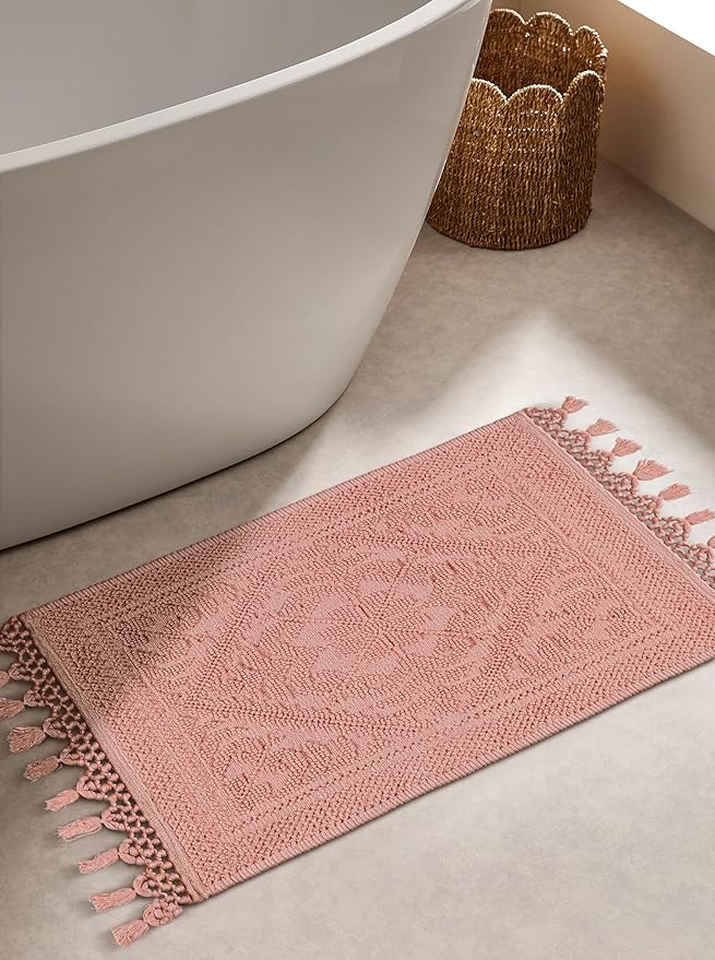 Savi Home Cotton Woven Jacquard Bathroom Rug, Woven Fringe Bathroom Mats, 100% Cotton, Non - Slip Bath Mat, Durable Thick Bath Mat 20”x38” with Fringes, Baby Pink