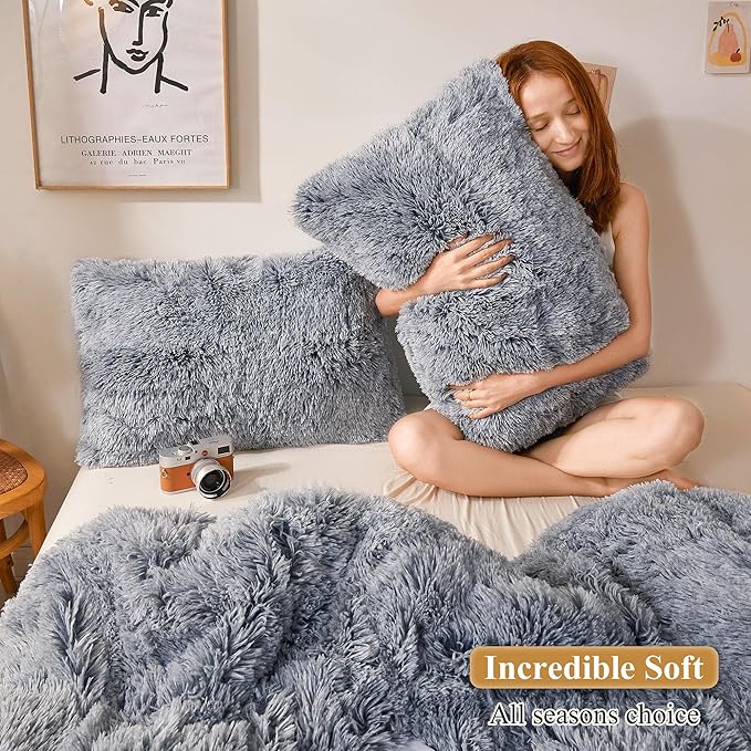 XeGe Faux Fur Throw Pillow Cases, Plush Shaggy Ultra Soft Pillow Covers, Fluffy Crystal Velvet Decorative Pillowcases, Furry Fuzzy Pillow Shams Zipper Closure, Set of 2(Standard, Gray Ombre)
