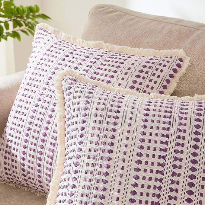 Decorative Pillow Covers Set of 2, Boho Farmhouse Couch Throw Pillows with Tassels, Textured Small Dot Pattern Cushion Cases for Sofa Living Room Home Decor (Purple, 18" x 18" (Pack of 2))