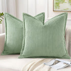Mecatny Corduroy Throw Pillow Covers 22x22 Set of 2, Neutral Decorative Soft Boho Couch Pillow Covers with Broadside for Sofa Living Room, Sage Green