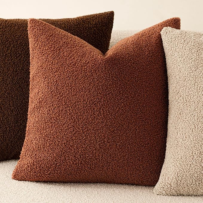 Foindtower Pack of 2, Curly Faux Fur Decorative Throw Pillow Covers Soft Fuzzy Plush Cushion Case with Zipper Cozy Pillowcase for Home Living Room Couch Bed Sofa 20 x 20 Inch,Hazel Brown