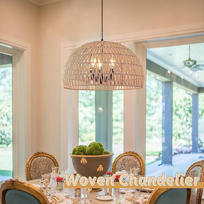 17.6 inch Hemp Rope Woven Pendant Light Wicker Pendant Light 3-light Rattan Light Fixture Boho Chandelier Farmhouse Chandelier Dome Pendants Light for Dining Room Bedroom Kitchen(Bulb Incl