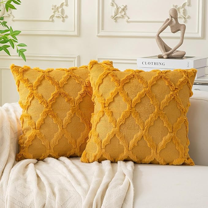 Set of 2 Soft Moroccan Throw Pillow Covers 20x20 Inch Plush Boho Decorative Pillow Cover Accent Cushion Case for Couch Sofa Bed, Mustard Yellow
