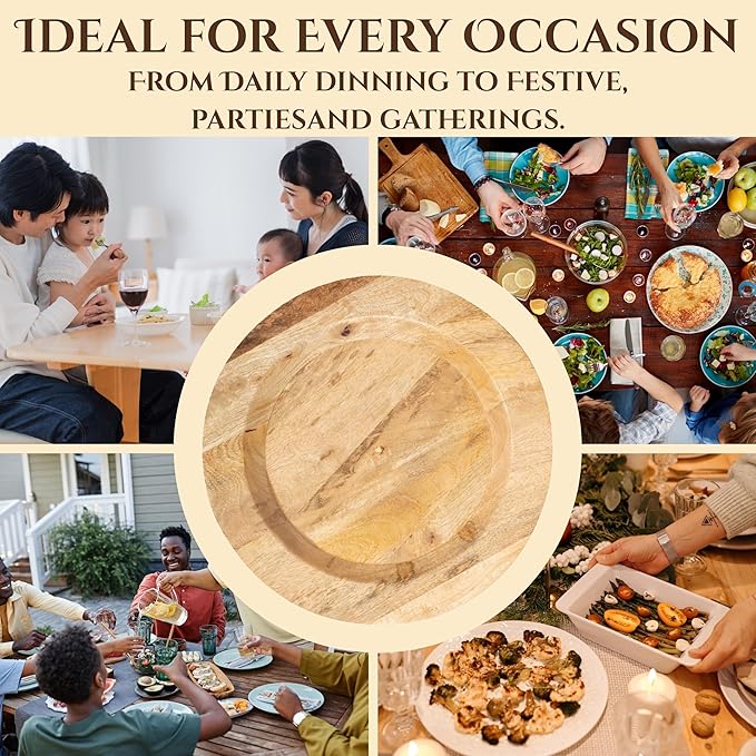 CLEENTABLE Wooden Serving Platter Set of 2-13" Handcrafted Serving Plates - Round Rustic Natural Tableware for Indoor/Outdoor Dining, Weddings, Holidays, Party, Sushi, Dinnerware (Natural)
