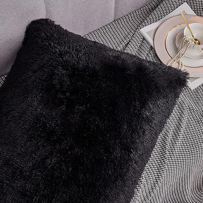 WERDIM Shaggy Fluffy Faux Fur Pillowcases 2 Pack Button Closure Velvet Pillow Shams Standard/Queen Size (Black, 20 X 26 Inches)
