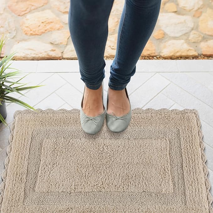 Savi Home Cotton Crochet Bathmat with Antiskid 21x34 Linen, 100% Pure Cotton, Super Soft White, Plush & Absorbent, Hand Tufted Heavy Weight Construction, Full Reversible Step Out Rugs