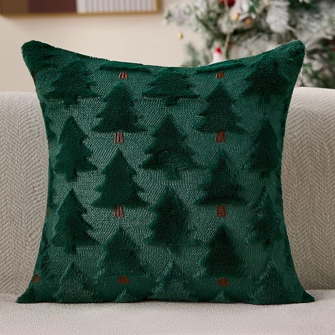 Christmas Pillow Covers 18x18 inch Set of 2 Christmas Decorations Soft Plush Faux Fur Wool Green Xmas Tree Throw Pillow Cases Winter Holiday Decor for Sofa Living Room PT-012P18