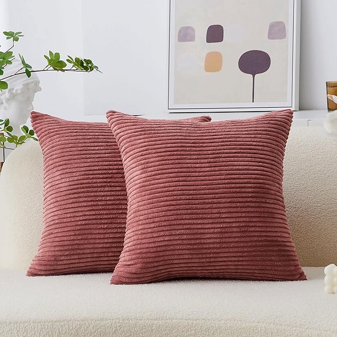 Home Brilliant Pillow Covers 22x22 Soft Cushion Covers Set of 2 Striped Velvet Throw Pillow Cases for Bed Living Room, 55x55 cm, 22 x 22 Inch, Dry Rose Pink